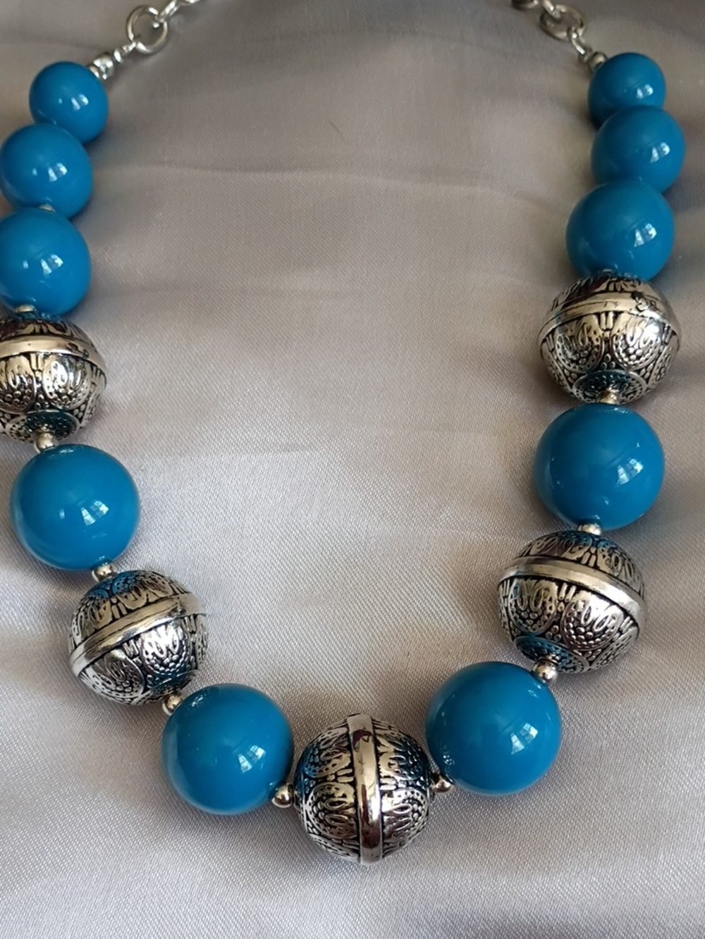 Turquoise Bead and Filigree Silver Necklace